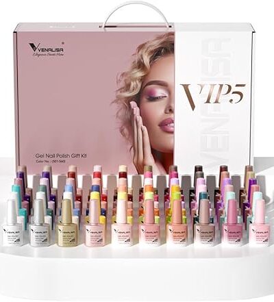 VENALISA VIP5 65PCS Gel Nail Polish Set, Hema Free, 60 Colors, Glitter, Jelly, Base & Top Coat