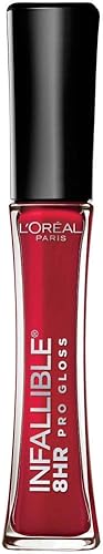 L'Oreal Paris Infallible Lip Gloss, Red Fatale, 8hr Hydrating, 0.21oz