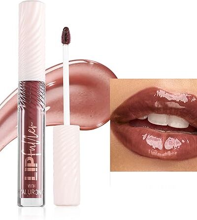 Hyaluronic Acid Lip Gloss, Long-Lasting Brown Tint, Non-Sticky Shine Lip Glaze, Vegan, Plumping & Hydrating