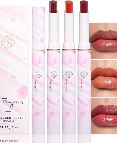 Shine Lipstick Set 3Pcs Orange Rose Cherry Red Glossy Lip Color Stick for Dry Lip Care