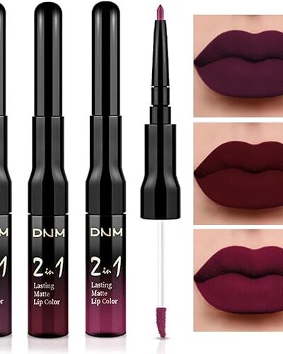 "Deep Red Purple Lip Tint Stain Set, 24Hr Matte Lipstick & Liner, Waterproof"
