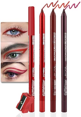 Waterproof Gel Eyeliner Pencils Set 3Pcs Red Ruby Wine Red Glitter Smudge Proof Eye Makeup