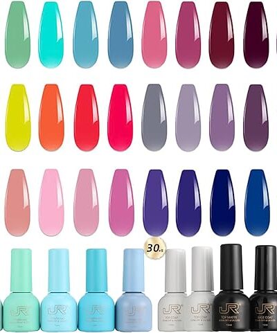 JR 35pcs Gel Nail Polish Set Red Pink Nude Colors Base Top Matte Coat