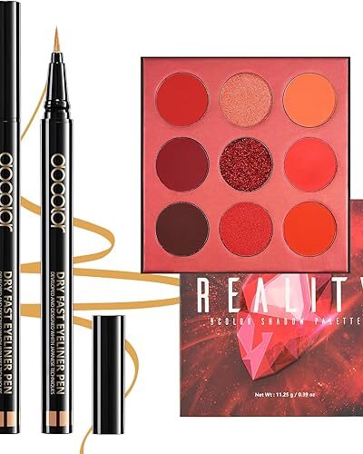 Gold Eyeliner & 9 Colors Red Eyeshadow Palette Waterproof Longwear Makeup