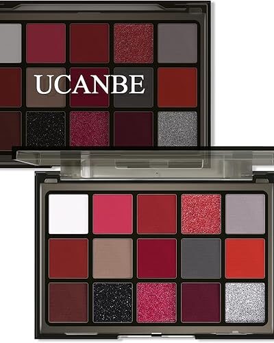 Red Eyeshadow Palette 15 Colors Burgundy Gray Shimmer Matte Glitter Metallic Makeup for Halloween Parties