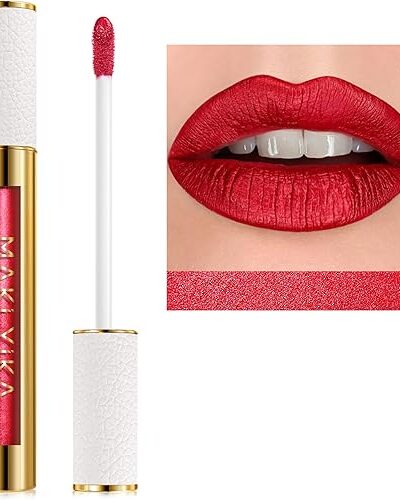 MAKI YIKA BR20 Crushed Ruby Red Lipstick, Long Lasting, No Smudge, Metallic Glitter Liquid Lip Gloss