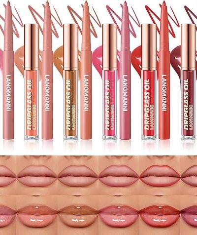 BestLand 12pcs Hydrating Lip Oils & Lip Liner Combo Set - 24H Long Lasting Lip Kit