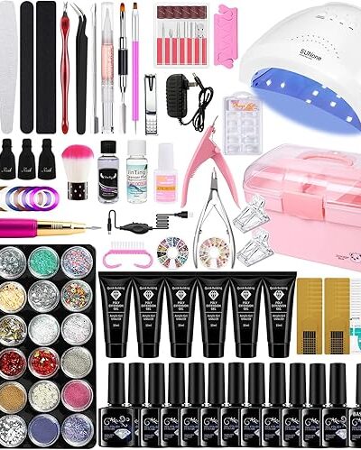 Gel Nail Polish Kit with 48W Lamp & 12 Colors & Extension Tools for Home DIY Manicure